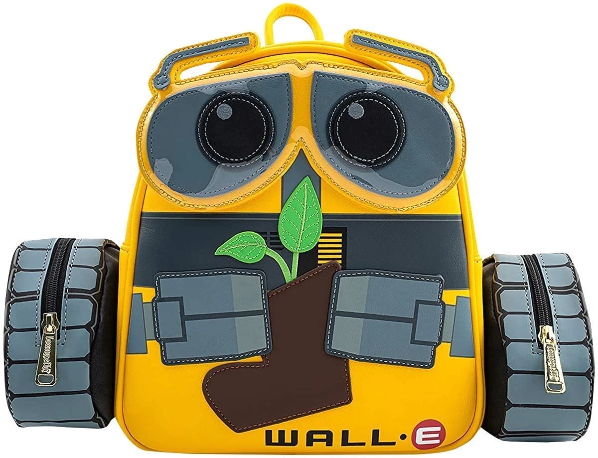 Yellow mini backpack in the form of WALL-E with his wheels on either side that double as mini pockets.
